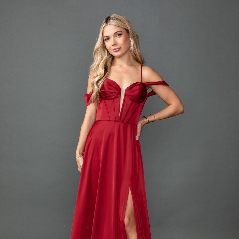 New Burgundy Soft Satin A-Line Off Shoulder Prom Gown w/ Sweetheart Neck DQ 4544